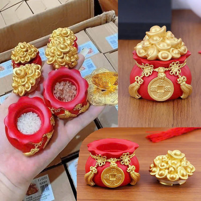 Tượng Thần Tài Hũ Vàng Tài Lộc, Hũ Muối Ông Địa- May Mắn, Bình An, Trang Trí Tết , Túi Vàng Thần Tài Đựng Gạo Muối ( Mở Nắp ) 6x5.5cm