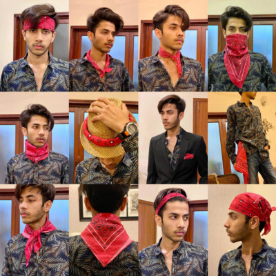 Khăn cotton bandana turban XO cá tính tặng khuyên tròn và móc treo 54x54cm