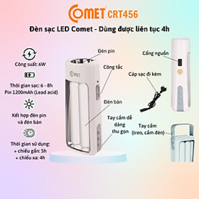 Đèn Pin Sạc Led Comet CRT456 - Công Suất 6W - Bảo Hành 12 Tháng - Hàng Chính Hãng