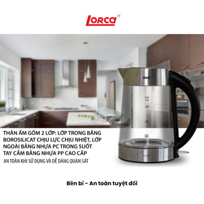 Ấm Đun Siêu Tốc 2 Lớp 1.7L Lorca TA 3006A Hàng Chính Hãng Ấm Đun Nước Thủy Tinh Inox Đun Nhanh, Công Suất Lớn 2200W