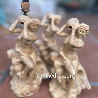 Tượng điêu khắc nàng tiên ốc xông trầm gỗ bách xanh thơm nức kt cao 20×9×8cm