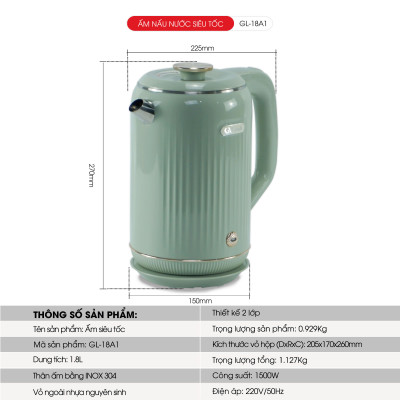 Ấm Siêu Tốc GALI GL-18A1, dung tích 1.8 Lít. thiết kế 2 lớp chống nóng. Hàng chính hãng bảo hành 24 tháng