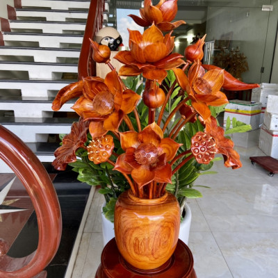 1binh hoa sen 19 hoa lá cành, trang trí phòng khách phòng thờ bằng gỗ hương đỏ  