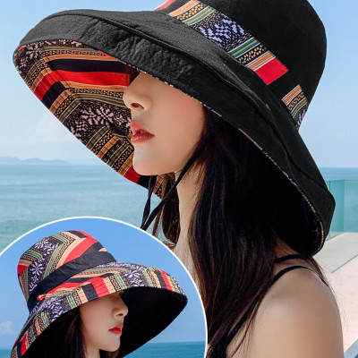 Mũ đi biển đẹp rộng vành nón chống nắng đội 2 mặt gấp gọn họa tiết thổ cẩm chống tia UV thoáng mát dona23062301