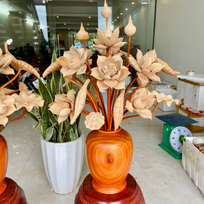 2 Bình hoa sen gỗ hương đỏ trang trí phong thủy phòng thờ phòng khách ,25 cành và hoa lá gương bằng gỗ ngọc am thơm nức  