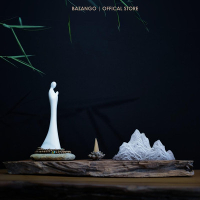 Tượng Phật bạch gốm - Khay gỗ và núi trang trí - hoa sen đốt trầm tặng kèm chuỗi hạt - Bazango - Trang Trí Nhà Decor Decor Phòng