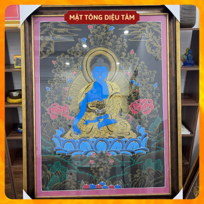Tranh Thangka Dược sư Thủ Công Nepal Tranh Phật Dược Sư Xanh Dương handmade 92cm Biểu Tượng Chữa Lành Mật tông Diệu Tâm