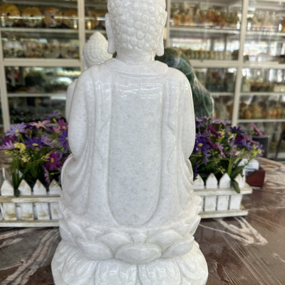 Tượng Phật Adida, phật tổ như lai ngồi đài sen đá cẩm thạch trắng - Cao 40 cm