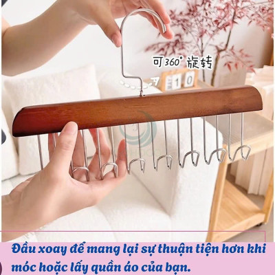 Móc treo đồ đa năng, móc gỗ 8 móc treo đồ lót, khăn, thắt lưng, cà vạt, áo 2 dây xoay 360 độ tiện dụng