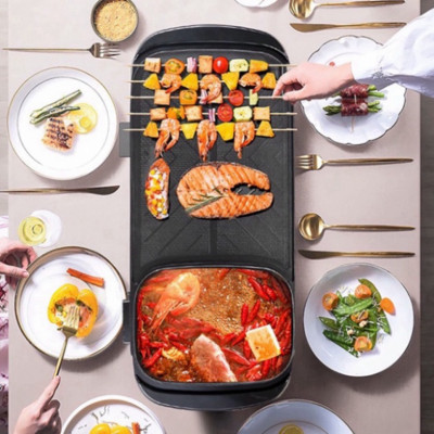 Bếp lẩu nướng 2in1 đa năng cao cấp dài, nồi lẩu kiêm nướng công suất 1300w, bề mặt tráng men chống dính - Hàng chính hãng