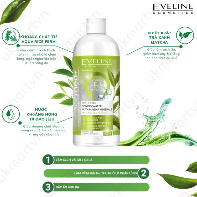 Nước Hoa Hồng Eveline Kiềm Dầu Khoáng Chất 400ml Toning Water With Magma Mineral Matcha Tea