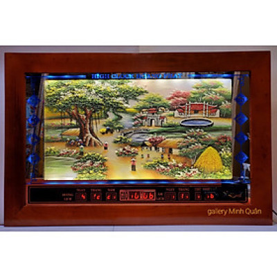 TRANH ĐÁ TỰ NHIÊN ĐÈN LED LỊCH VẠN NIÊN - PHONG CẢNH CÂY ĐA GIẾNG NƯỚC CỔNG LÀNG (KT 76*115cm)