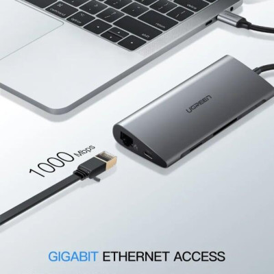 Ugreen UG40873CM179TK Bộ chuyển đổi TYPE C sang 3 USB 3.0 + HDMI + VGA + LAN + SD TF + hỗ trợ nguồn TYPE C - HÀNG CHÍNH HÃNG