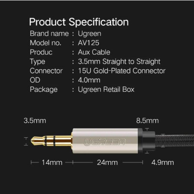 Ugreen UG40782AV125TK 3M màu Đen Cáp âm thanh 2 đầu 3.5mm dương đầu bọc kim loại cao cấp - HÀNG CHÍNH HÃNG
