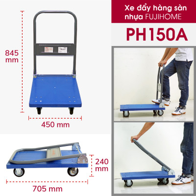 Xe đẩy hàng 4 bánh gấp gọn chở 120kg sàn nhựa nhập khẩu FUJIHOME PH150A - bánh cao su chống ồn, sàn nhựa chống ăn mòn- Hàng chính hãng