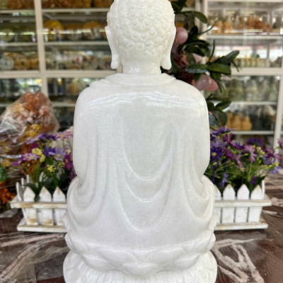 Tượng Phật Adida, phật tổ như lai ngồi đài sen đá cẩm thạch trắng - Cao 40cm