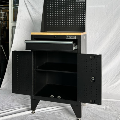 Tủ dụng cụ CSPS 61cm - 01 hộc kéo màu đen, tay cầm trắng kèm chân tủ ván gỗ vách lưới
