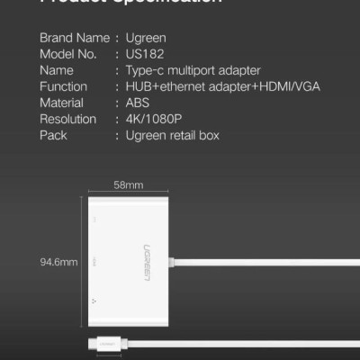 Ugreen UG30440US182TK Bộ chuyển đổi TYPE C sang USB 3.0 + USB 2.0 + HDMI + LAN + hỗ trợ nguồn TYPE C - HÀNG CHÍNH HÃNG