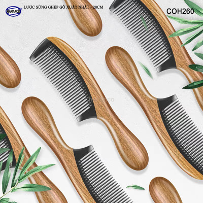 Lược gỗ tự nhiên ghép răng sừng Trâu - Chống tích điện/ dáng lược Châu Âu (COH260).