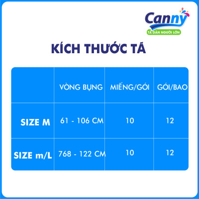 Tã Dán Người Lớn Canny Siêu Mềm, Siêu Thấm, Kháng Khuẩn Size M10, M/L10 (10 miếng)