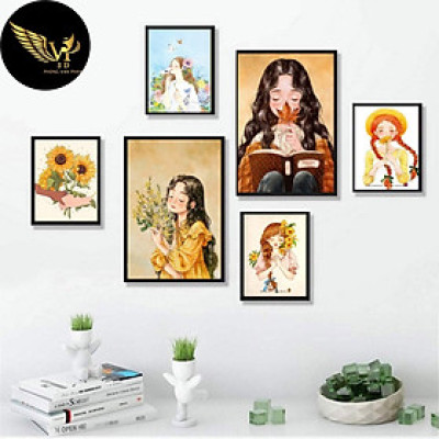 Tranh treo tường trang trí phòng khách, phòng ngủ,CÔ GÁI NHỎ XINH XẮN Tặng kèm khung và đinh ba chân treo tranh chuyên dụng PVP-TP219