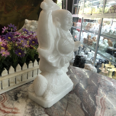 Tượng Phật Di Lặc cưỡi Long Quy phong thủy đá cẩm thạch trắng - Cao 30 cm