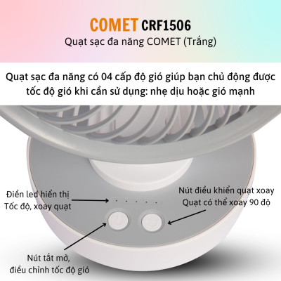 Quạt Sạc Tích Điện Để Bàn Đa Năng COMET CRF1506 7W, 4 Cấp Độ Gió, Xoay 90 Độ, 2 pin rời 18650 Lithium 1500mAh Để Bàn Văn Phòng