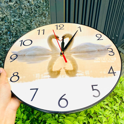 (CÓ ẢNH THẬT) Tranh đồng hồ tròn tráng gương đôi thiên nga kèm pin và đinh