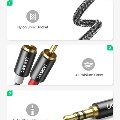 Ugreen UG60240AV116TK 1M cáp 3.5mm ra 2RCA hoa sen âm thanh Stereo bọc nhôm chống nhiễu màu đen - HÀNG CHÍNH HÃNG
