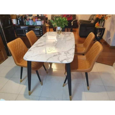 Bộ bàn ăn chân trụ 1m4 + 4 ghế Loft trám mặt bàn đá ceramic  Thương hiệu Nội Thất Bình Long 