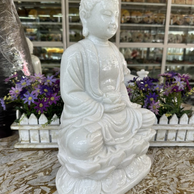 Tượng Phật Adida, phật tổ như lai ngồi đài sen đá cẩm thạch trắng - Cao 35cm