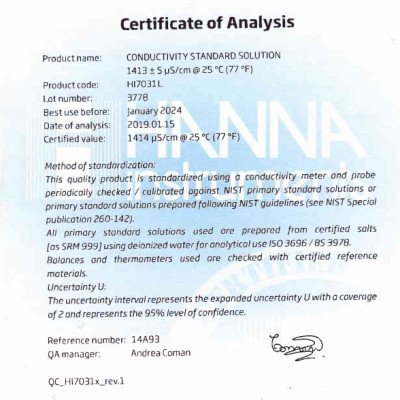 Dung Dịch 1413 µS/cm (1.41 mS/cm) Hiệu Chuẩn Máy đo Độ Dẫn (EC), Chai 500mL