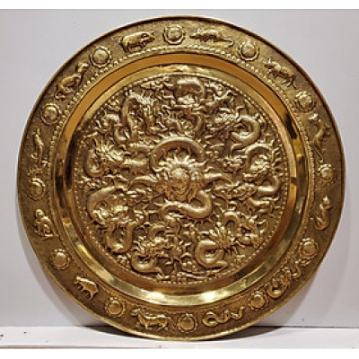 Tranh mâm đồng vàng nguyên chất – Cửu Long Chầu Nguyệt – A222