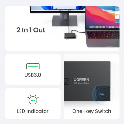 Bộ chia USB 3.0 2 máy tính dùng chung 1 máy in (2 in 1 Out) Ugreen 15149-Hàng chính hãng