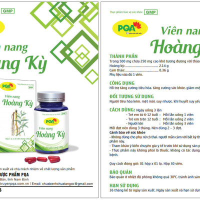 Viên nang Hoàng Kỳ PQA Hỗ trợ tăng cường tiêu hóa, tăng cường sức khỏe, giảm mệt mỏi