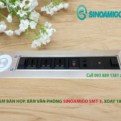 Hộp điện âm bàn họp, bàn văn phòng Sinoamigo SMT-3, xoay 180 độ,  tích hợp sạc không dây