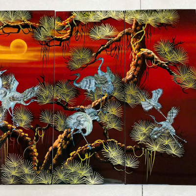 Bộ Tranh sơn mài 4 tấm -TÙNG HẠC DIÊN NIÊN - khảm cừ size 50x80 cm - Ý Nghĩa Phong Thủy