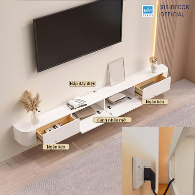 Kệ Tivi Gắn Tường Bo Cong Màu Trắng 2 Ngăn Kéo Và Cánh Mở Hiện Đại SIB Decor TV169