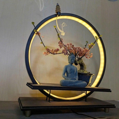 Kệ Gỗ Cao Cấp Kết Hợp Đèn LED Trang Trí Vòng Hào Quang 20/30/40cm – 3 Màu – Decor Bàn Làm Việc, Bàn Trà – Kèm Quà Tặng