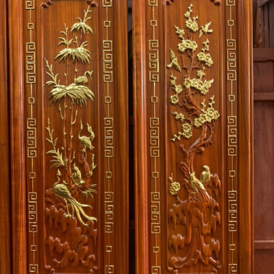 Tranh tứ quý bốn mùa ,xuân ,hạ ,thu ,đông ,bằng gỗ hương đỏ và được sơn son dát vàng cao cấp 
