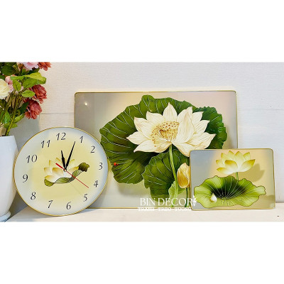 (CÓ ẢNH THẬT) Tranh đồng hồ hoa sen 4 bộ 3 tấm trang trí decor phòng bo viền kèm đinh treo