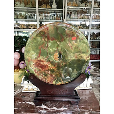 Đồng điếu (đồng tiền ) phong thủy đá ngọc Onyx xanh đậm - Đường kính 35 cm