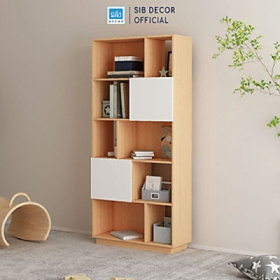 Kệ Sách Gỗ Nhiều Ngăn Kèm 2 Cánh Mở Màu Trắng Phối Oak SIB Decor KSG26
