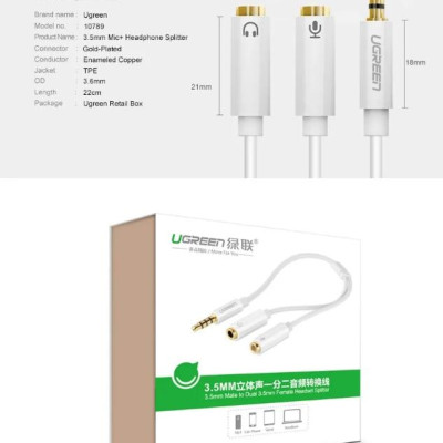 Ugreen UG10789AV141TK 20CM màu Trắng Dây chuyển âm thanh 3.5mm dương sang Jack Mic + Loa âm - HÀNG CHÍNH HÃNG
