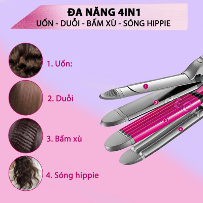 Máy làm tóc đa năng 4in1 Kemei KM-1397 điều chỉnh 4 mức nhiệt có thể duỗi tóc, uốn tóc, bấm xù chân tóc, uốn sóng hippie - Hàng chính hãng