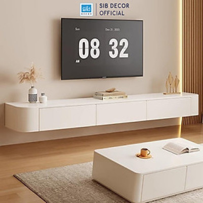 Kệ Tivi Gắn Tường Bo Cong Màu Trắng 2 Ngăn Kéo Và Cánh Mở Hiện Đại SIB Decor TV169