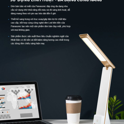 Đèn Bàn Sạc PANASONIC 5W HHGLT0339W88L – HHGLT0339B88L Siêu Nhỏ gọn, Nút cảm ứng thay đổi độ sáng, thay đổi 3 màu ánh sáng, Gập để bật tắt, không ánh sáng xanh bảo vệ mắt