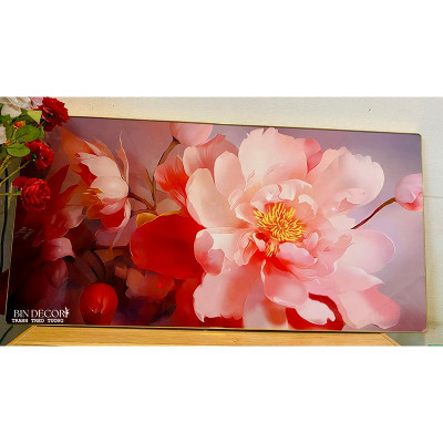 (ẢNH THẬT) Tranh treo tường hoa mẫu đơn hồng có sẵn khung kèm đinh