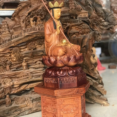 Tượng phật địa tạng vương bồ tát dáng ngồi tô mầu giả cổ kt 30×15×15cm