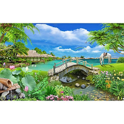 Tranh dán tường Tranh sơn thủy 3, Tranh dán tường 3d hiện đại (tích hợp sẵn keo)